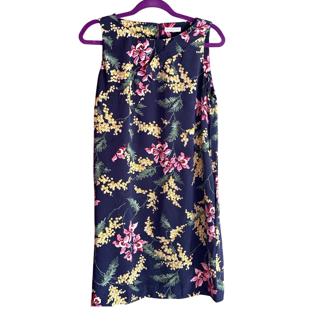 Whistles Navy Blue 100% Silk Wisteria print Shift Dress Minimalist Classic